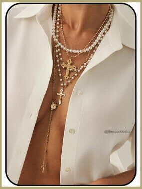 4-Piece Layered Cross Necklace Set, Pearl Rosary Choker Chunky Christian Pendant